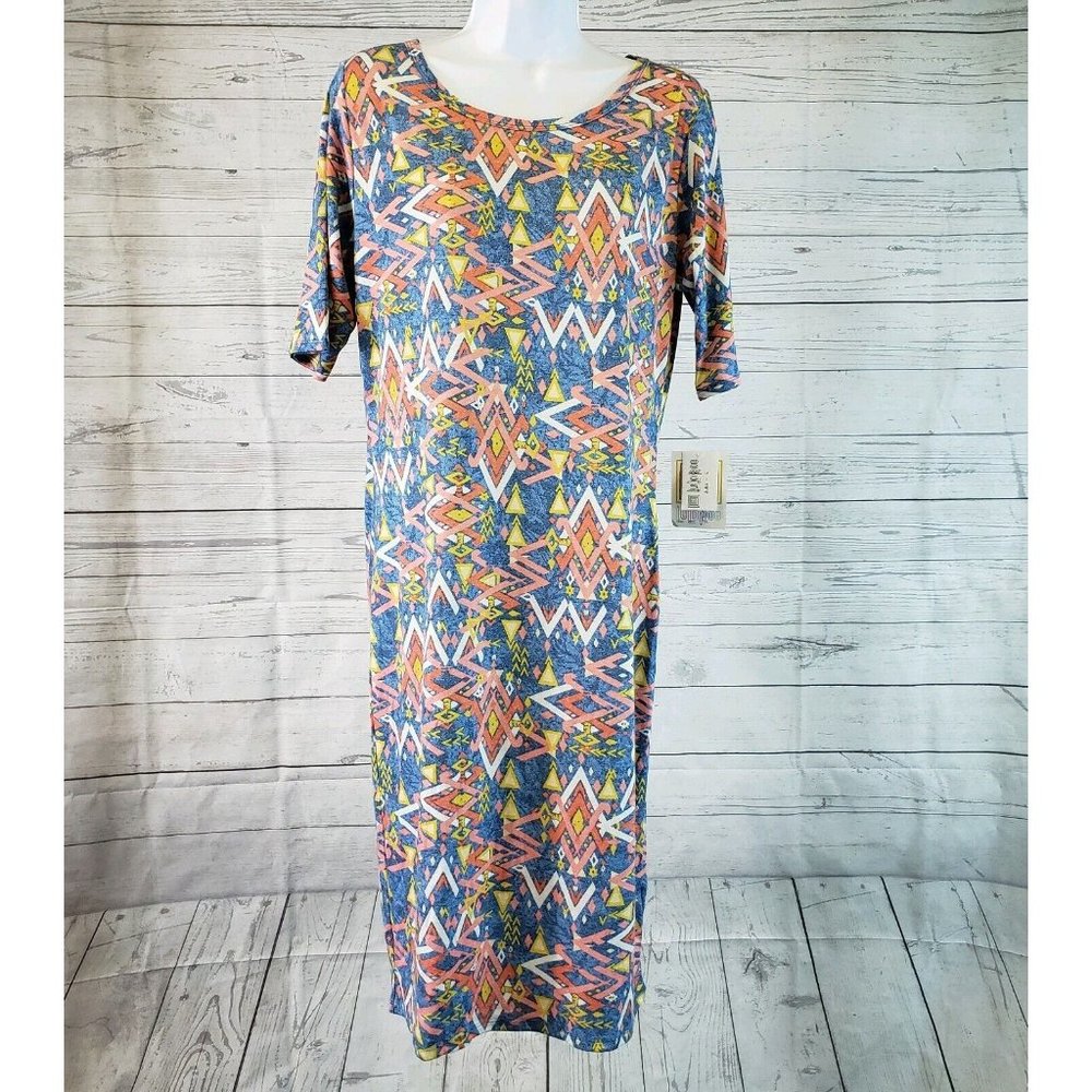 LuLaRoe Womens Julia Dress Sz Large Pink Blue Geometric